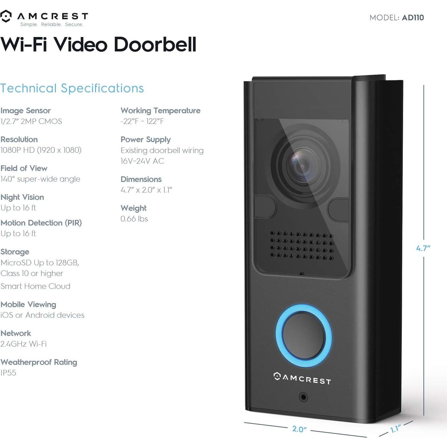 Cámara de Timbre de Video Amcrest AD110-SH 1080P WiFi Exterior