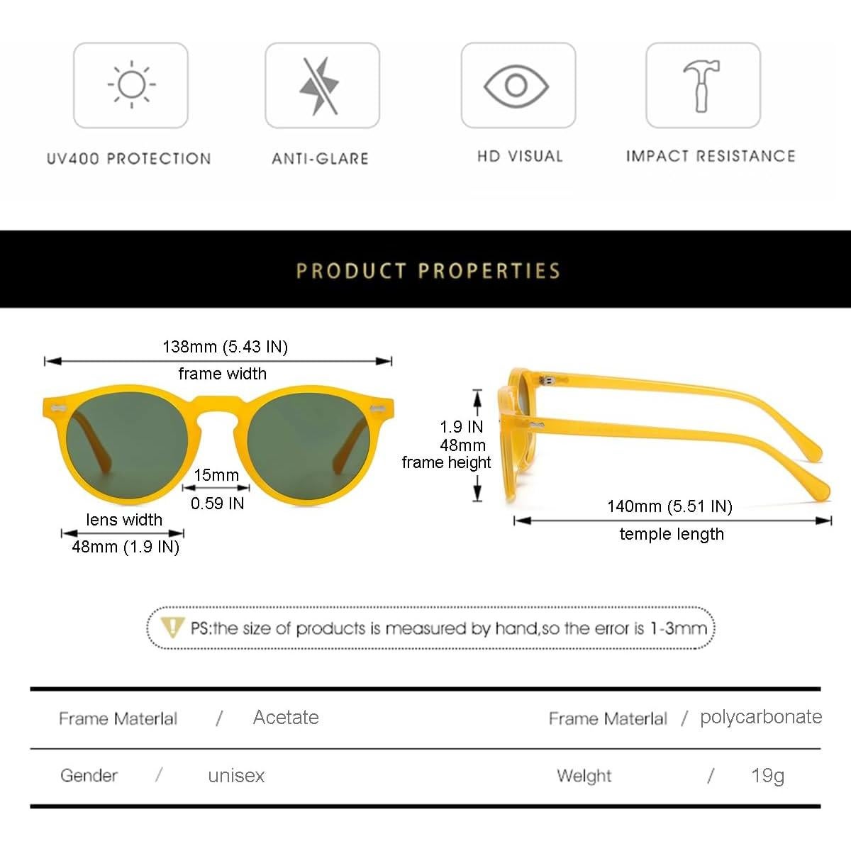 Gleyemor Gafas de Sol Polarizadas UV400 Redondas Amarillo