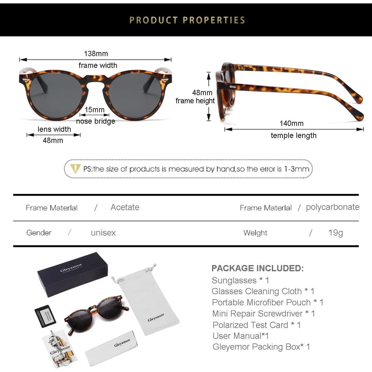 Gleyemor Gafas de Sol Polarizadas UV400 Marco Tortuga 48mm