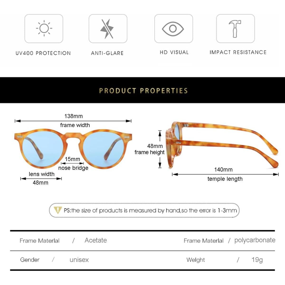 Gleyemor Gafas de Sol Polarizadas Redondas UV400 Unisex