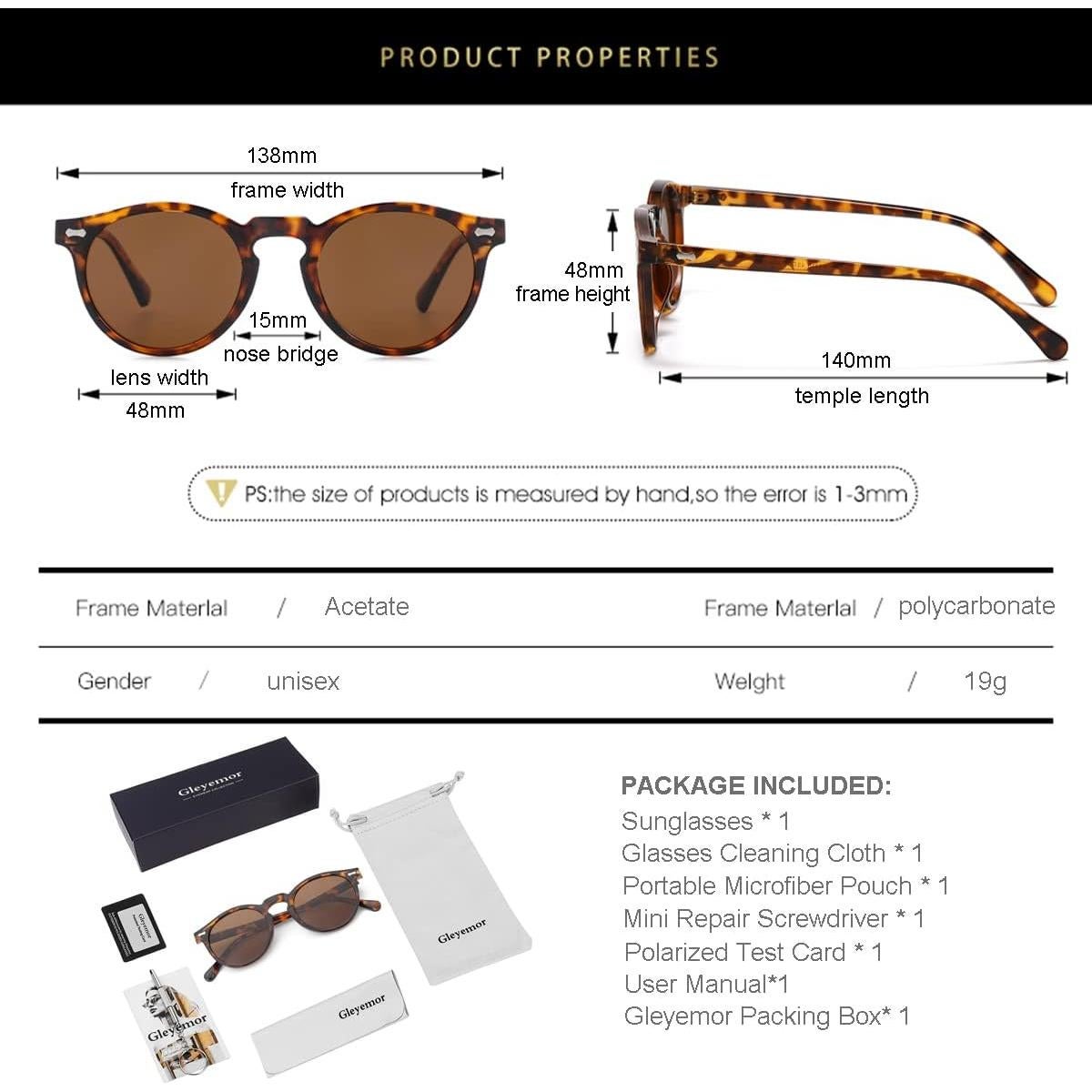 Gleyemor Gafas de Sol Polarizadas UV400 Marco Tortuga 48mm