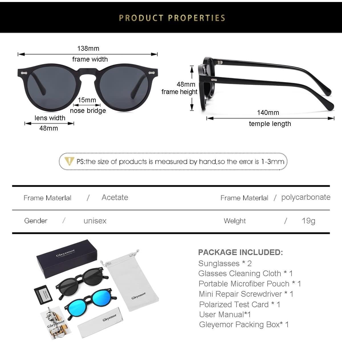 Gleyemor Gafas de Sol Polarizadas UV400 Redondas 48mm
