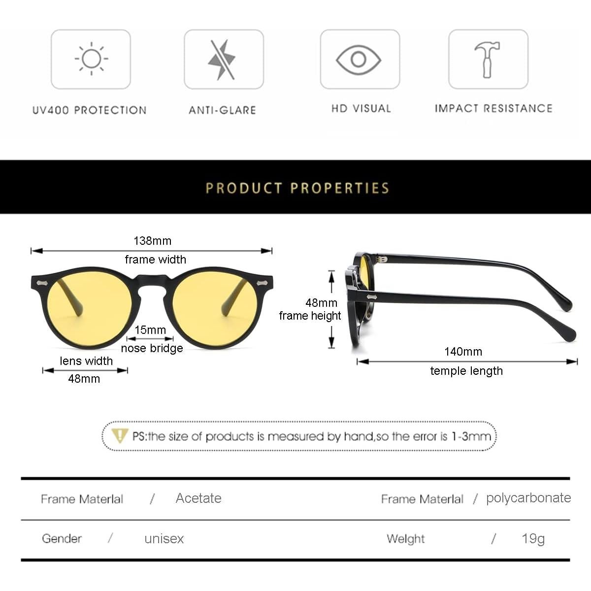 Gleyemor Gafas de Sol Polarizadas UV400 Marco Negro 48mm