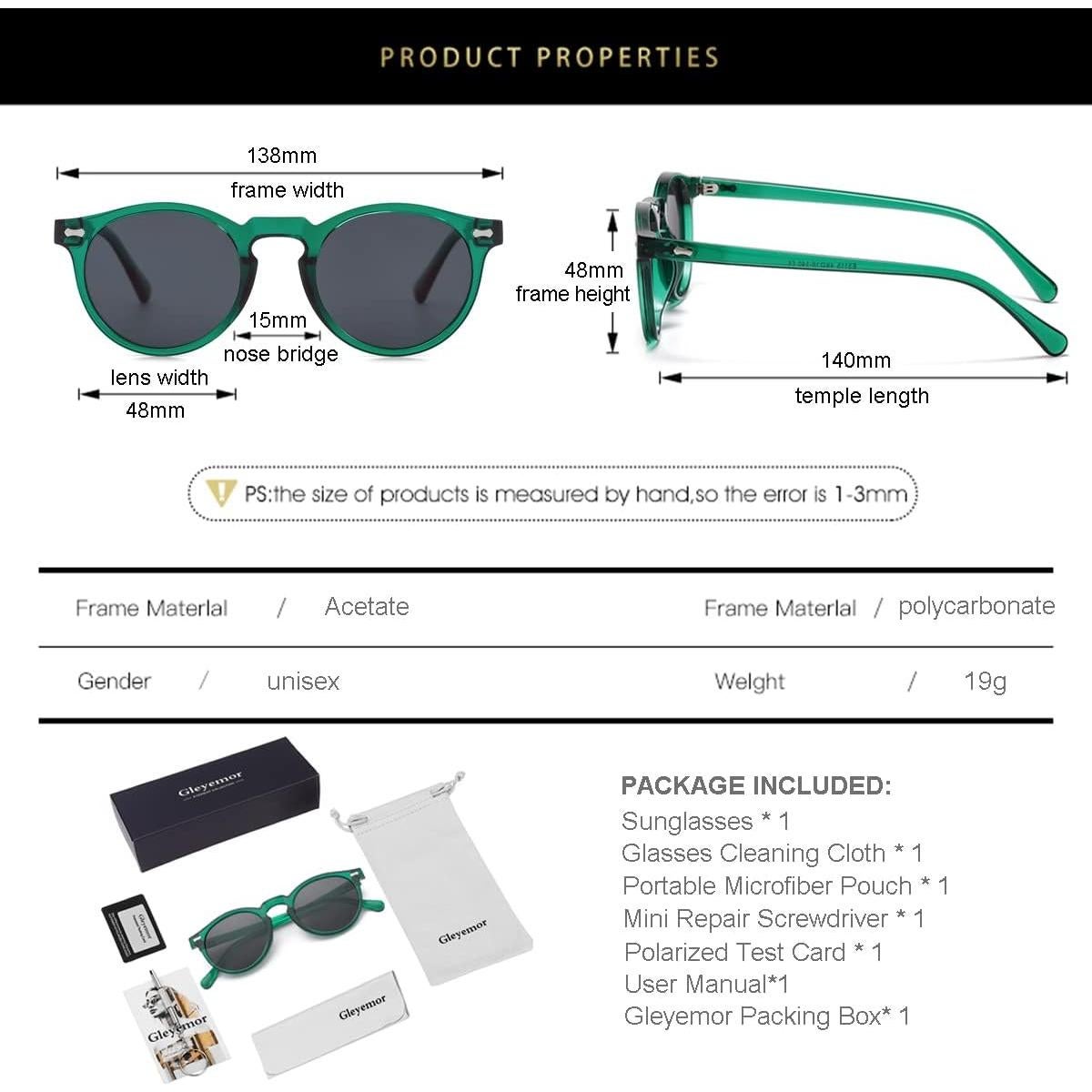 Gleyemor Gafas de Sol Polarizadas UV400 Marco Verde 48mm