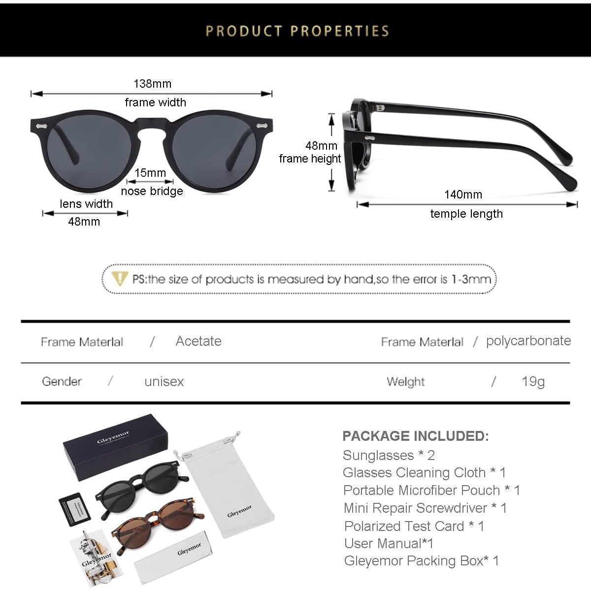 Gleyemor Gafas de Sol Polarizadas UV400 Redondas Unisex