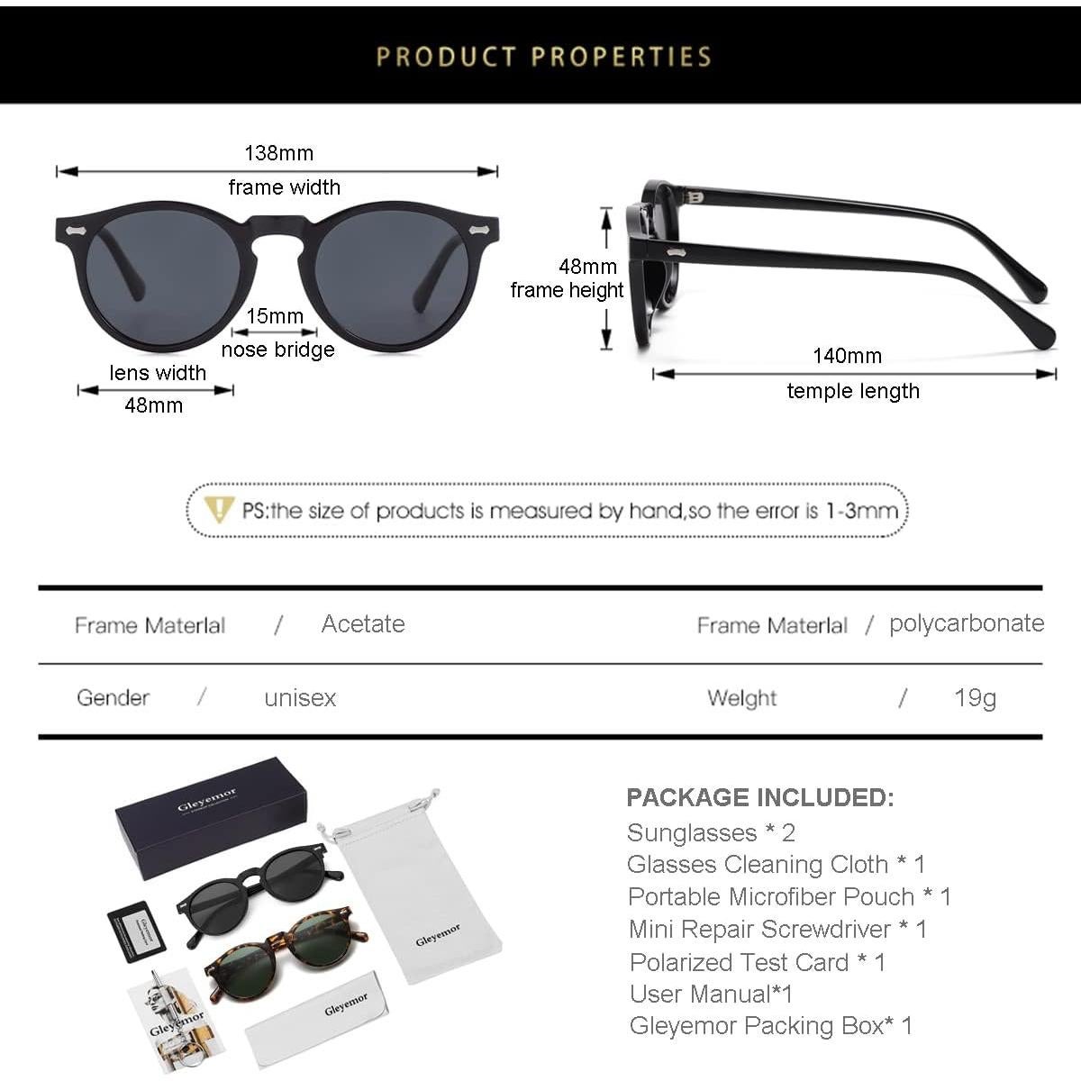 Gleyemor Gafas de Sol Polarizadas UV400 Redondas 48mm