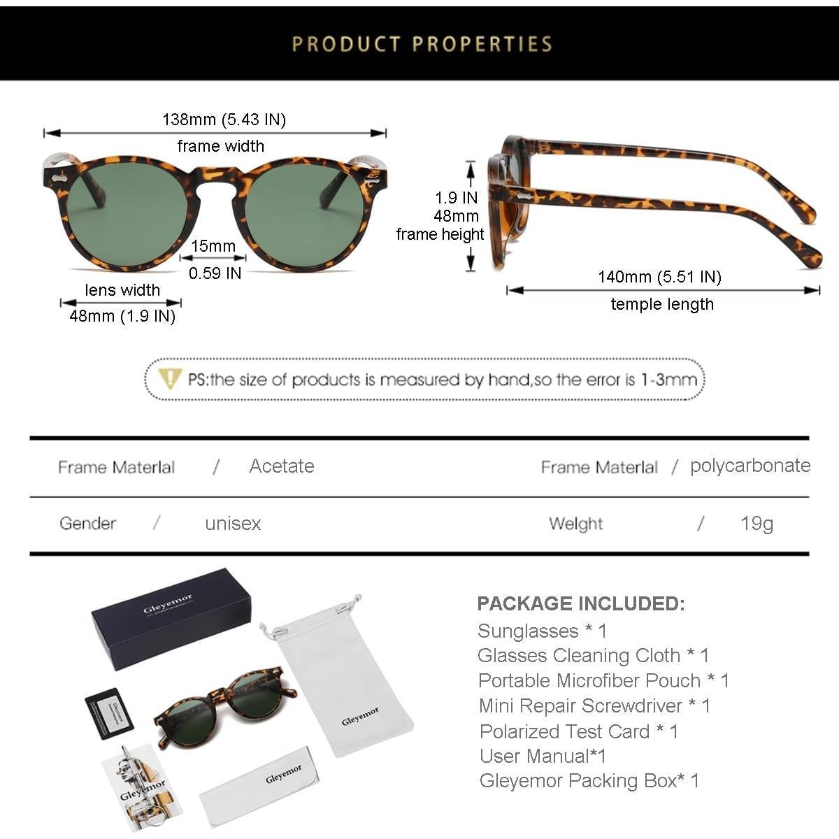 Gafas de Sol Gleyemor GL886 Polarizadas UV400 Marco Tortuga