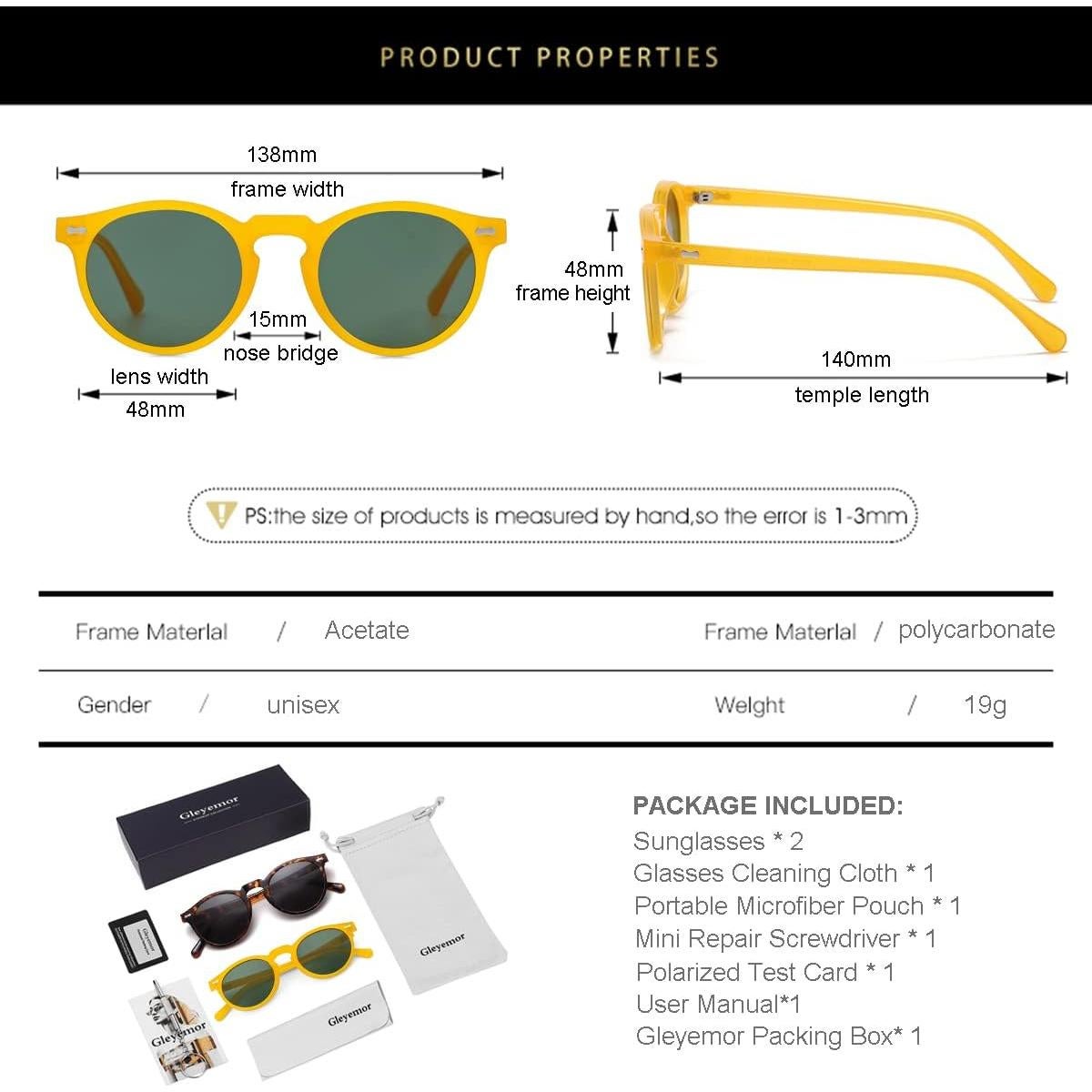 Gleyemor Gafas de Sol Polarizadas UV400 Redondas Unisex