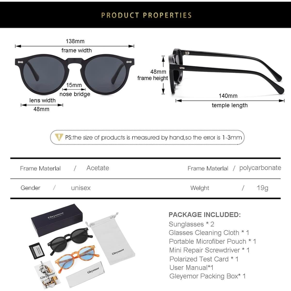 Gleyemor Gafas de Sol Polarizadas UV400 Redondas 48mm