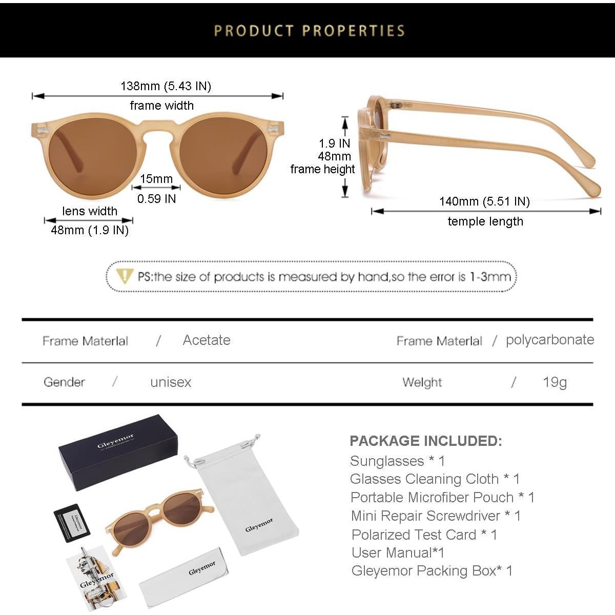 Gleyemor Gafas de Sol Polarizadas UV400 Redondas 48mm