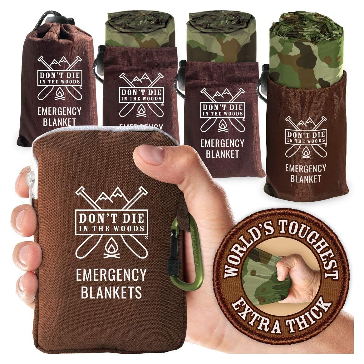 Don't Die In The Woods - World’s Toughest Emergency Blankets [4-Pack] Extra Thick Thermal Mylar Space Blanket - One of The Ten Essentials Outdoor Survival Gear for Hiking Camping First Aid Kit (Camo)