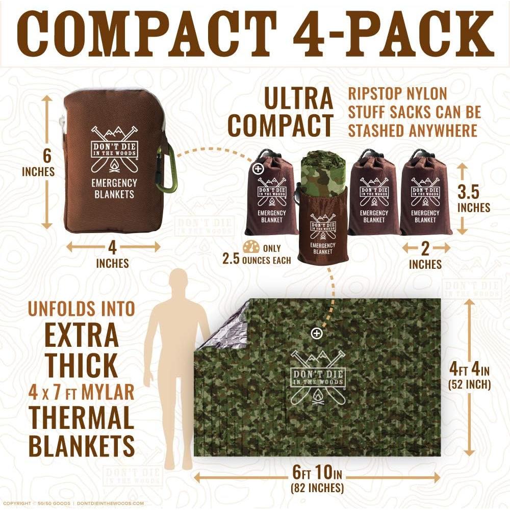 Don't Die In The Woods - World’s Toughest Emergency Blankets [4-Pack] Extra Thick Thermal Mylar Space Blanket - One of The Ten Essentials Outdoor Survival Gear for Hiking Camping First Aid Kit (Camo)