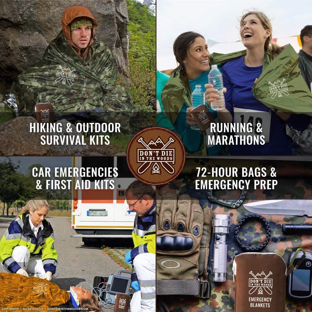 Don't Die In The Woods - World’s Toughest Emergency Blankets [4-Pack] Extra Thick Thermal Mylar Space Blanket - One of The Ten Essentials Outdoor Survival Gear for Hiking Camping First Aid Kit (Camo)
