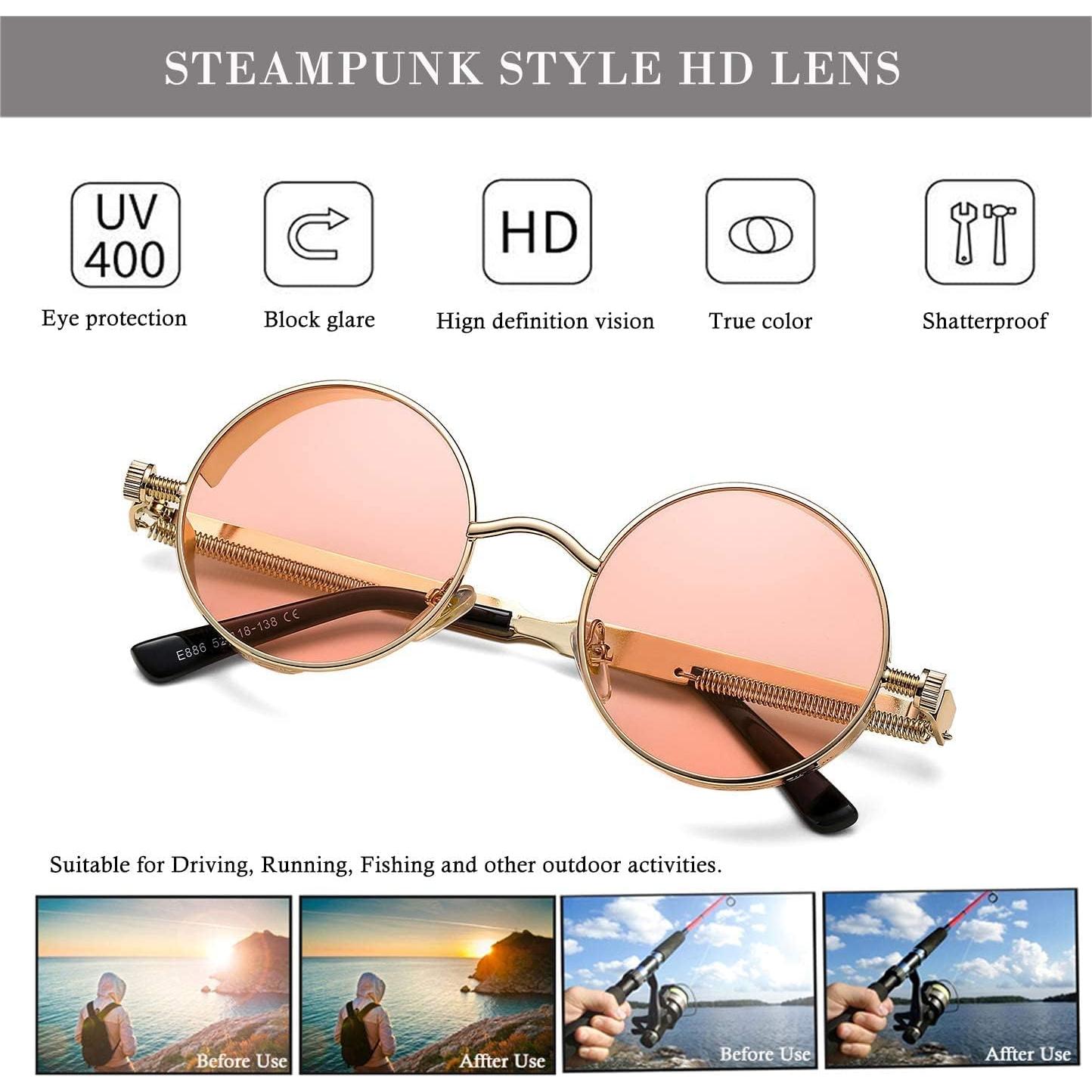 Gafas de sol redondas steampunk HJSUN10 con lentes HD