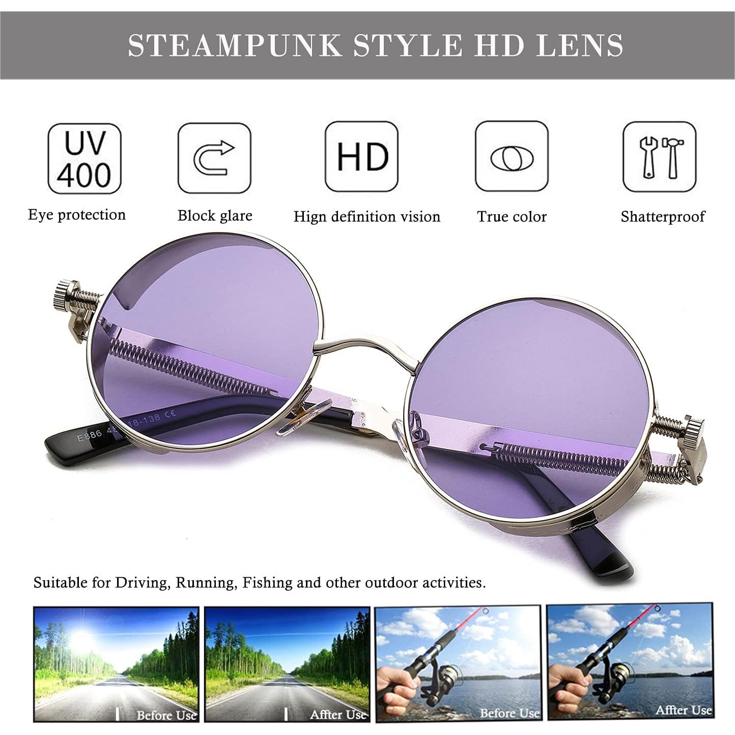 Gafas de sol redondas steampunk HJSUN10 con lentes HD