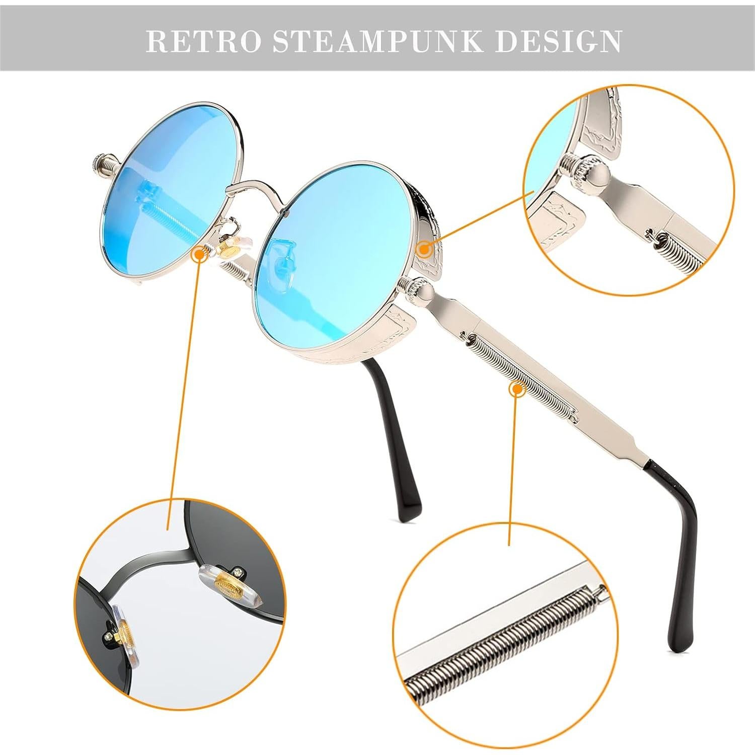 Gafas de sol redondas steampunk HJSUN10 con lentes UV400