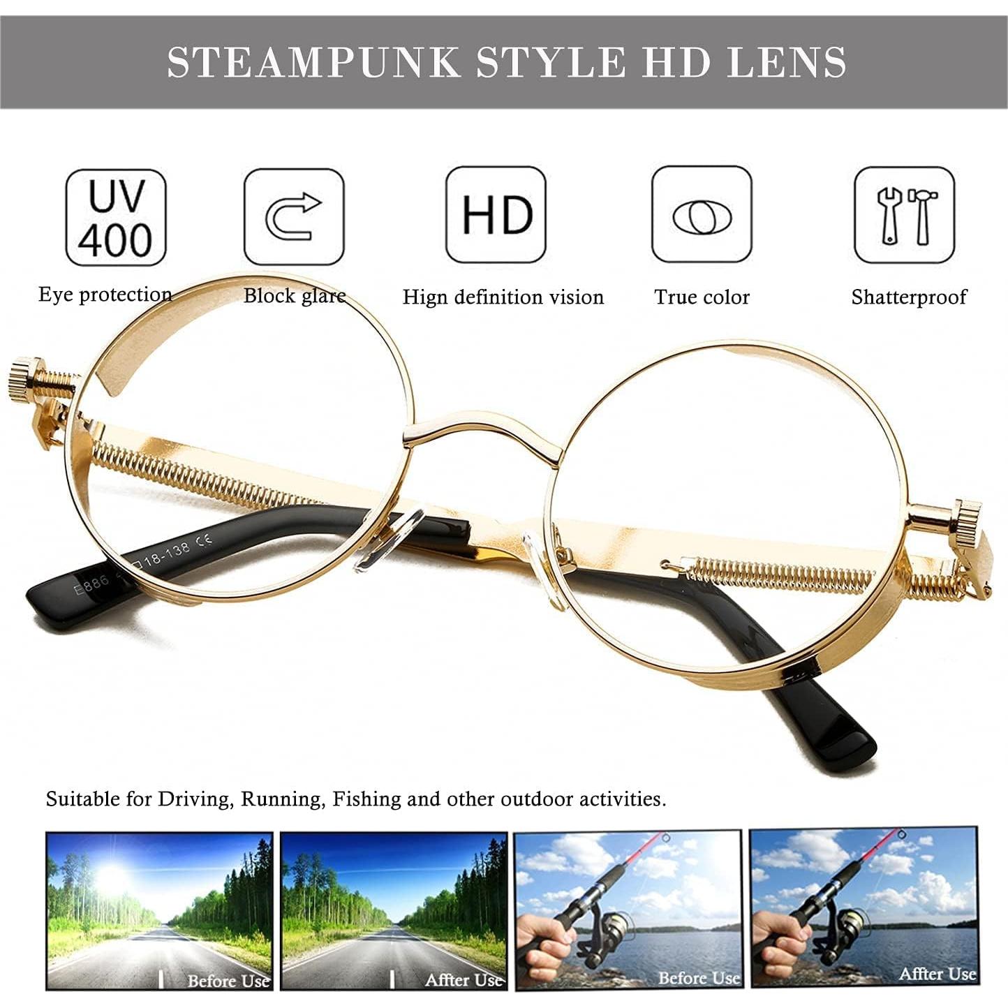 Gafas de sol redondas steampunk HJSUN10 con lentes HD