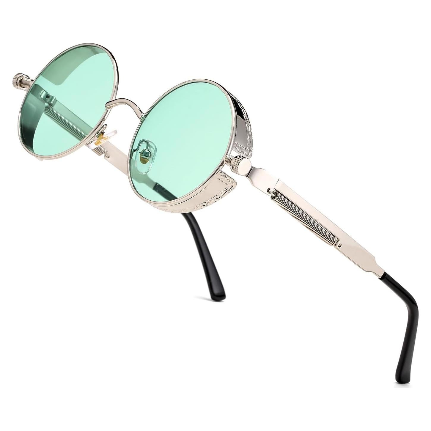 Gafas de sol redondas steampunk HJSUN10 metal verde