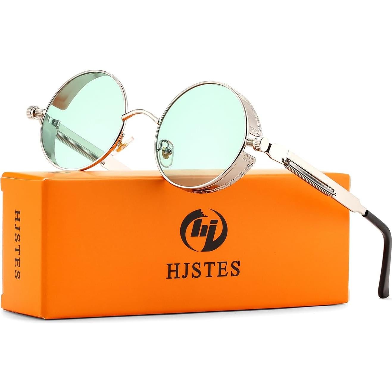 Gafas de sol redondas steampunk HJSUN10 metal verde