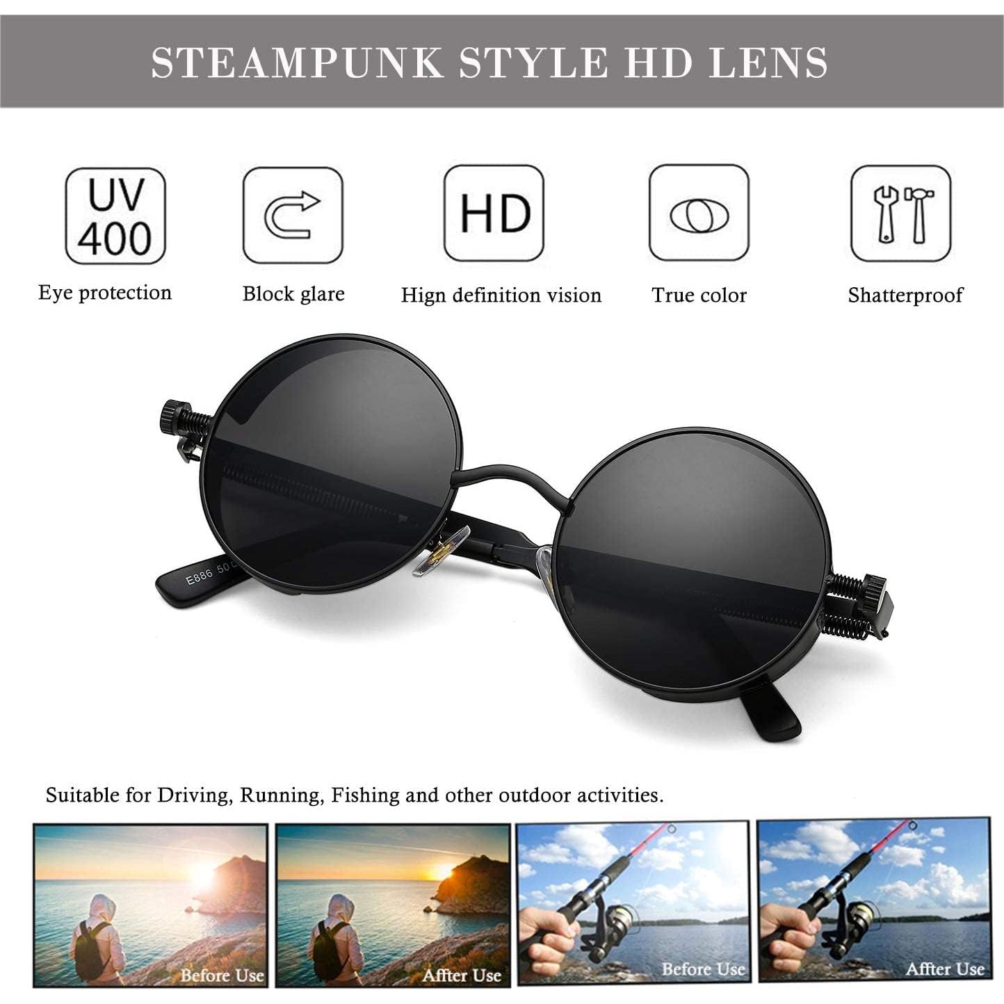 Gafas de sol redondas steampunk HJSUN10 con lentes UV400