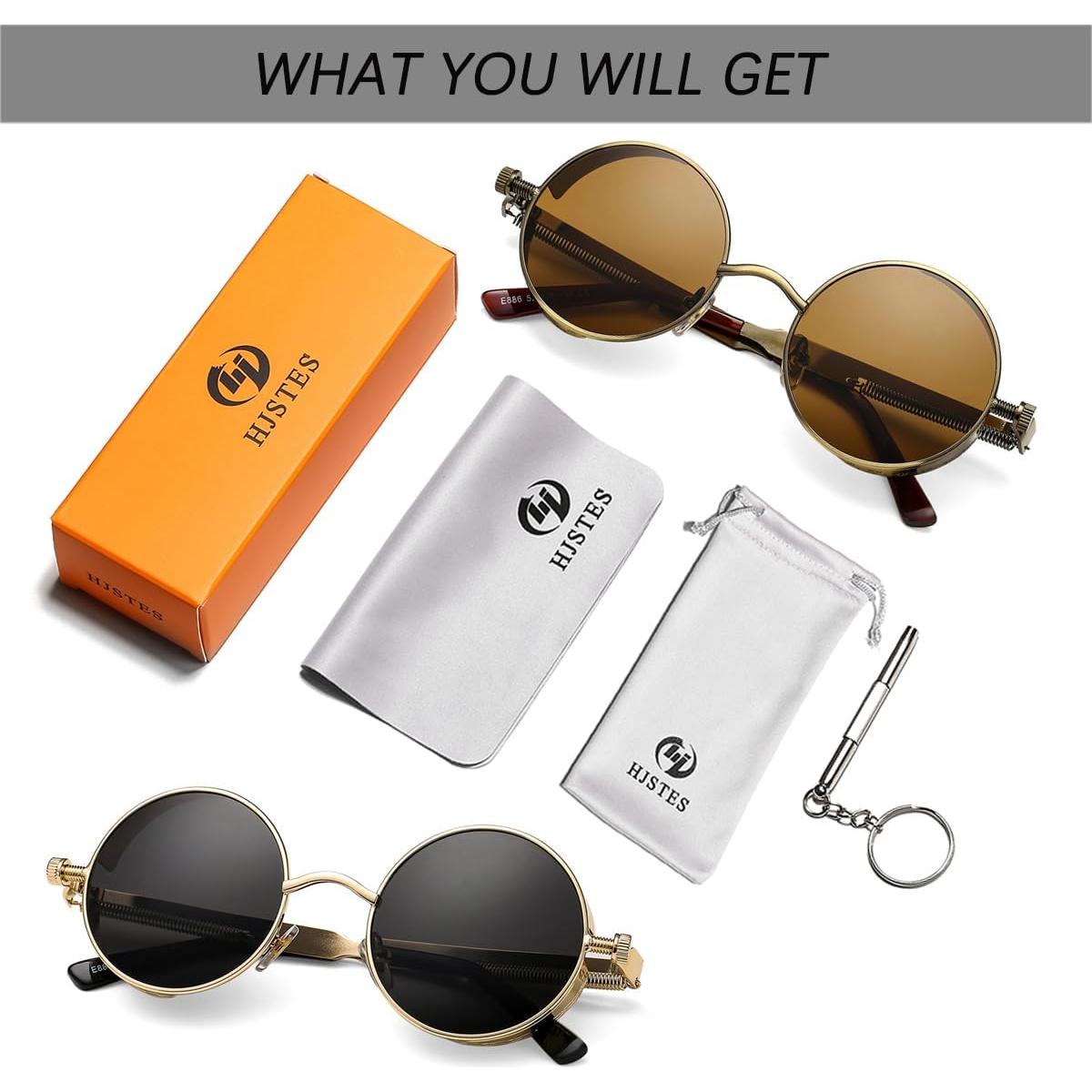 Gafas de sol redondas steampunk HJSUN10 con lentes HD