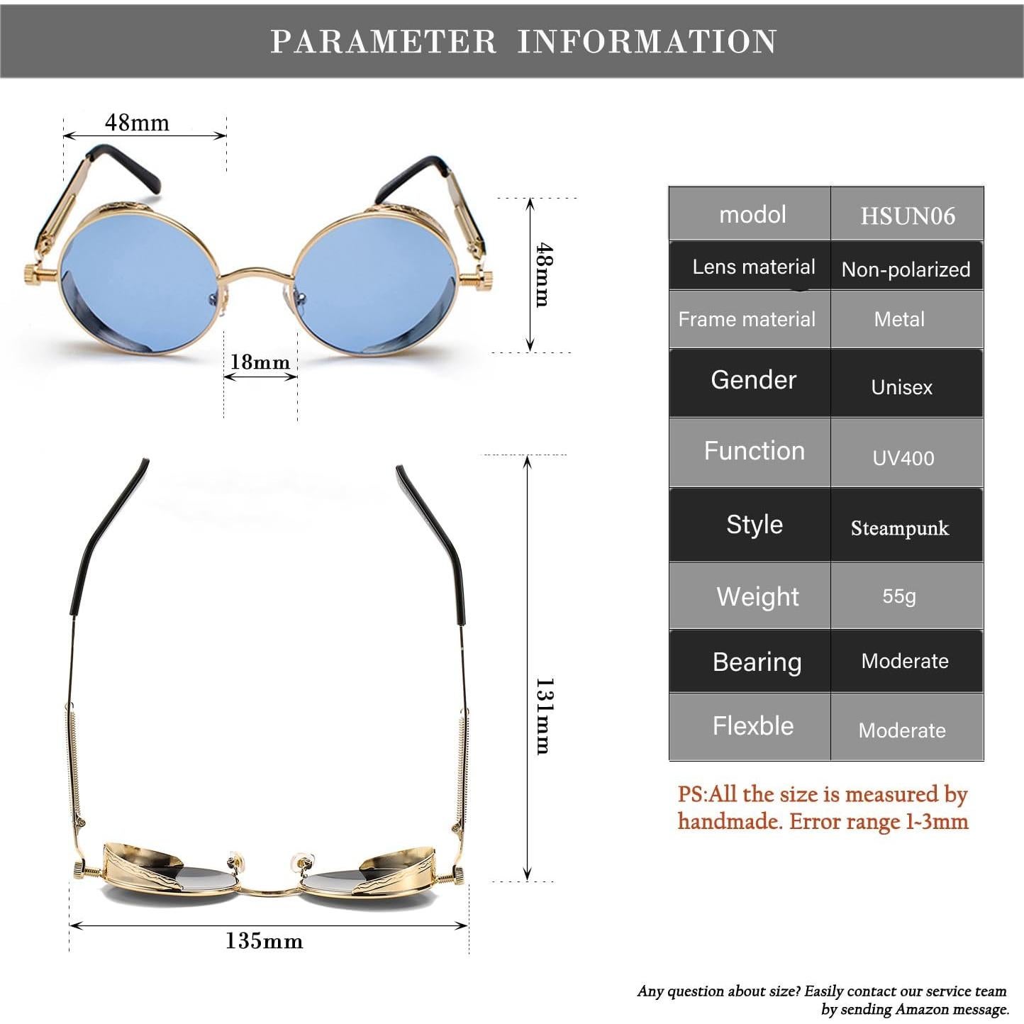 Gafas de sol redondas steampunk HJSUN10 con lentes UV400