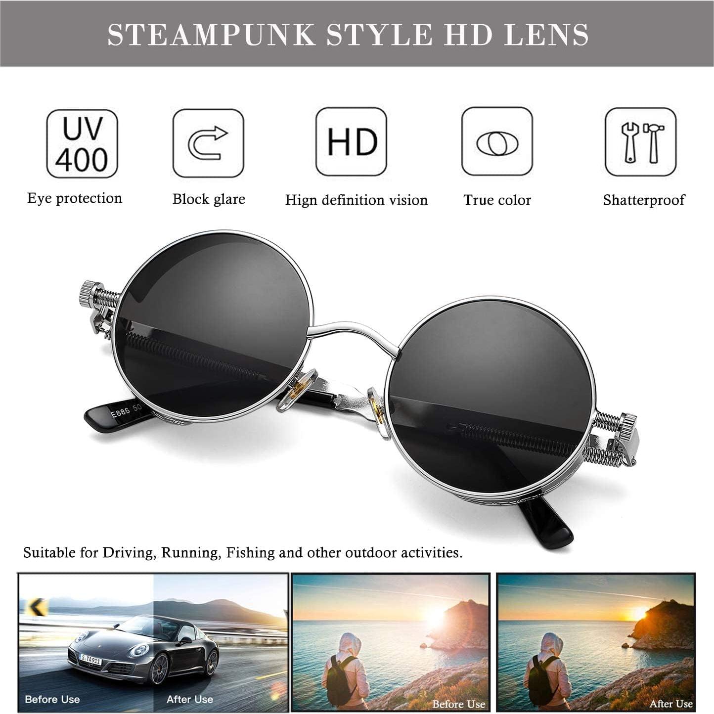 Gafas de sol redondas steampunk HJSUN10 con lentes UV400