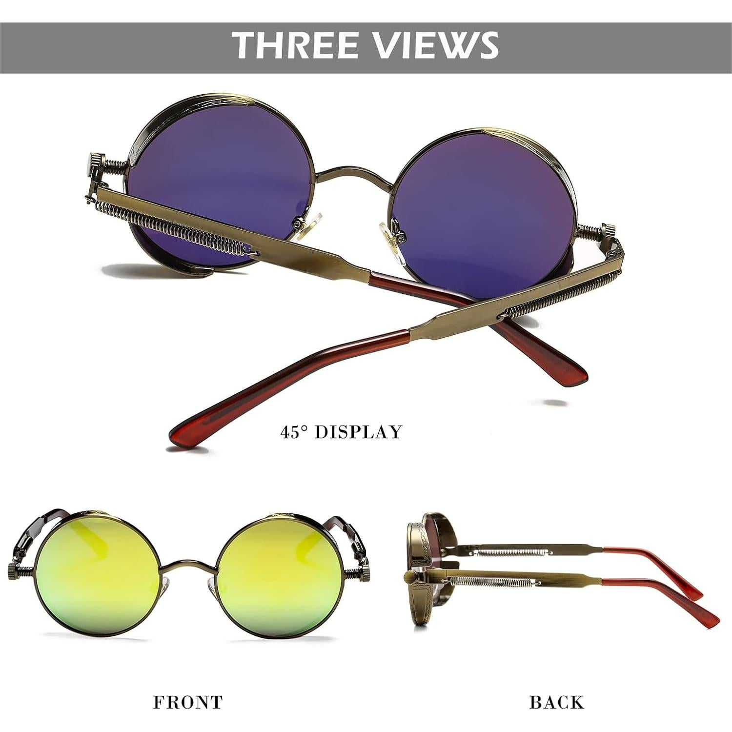 Gafas de sol redondas steampunk HJSUN10 doradas 46mm