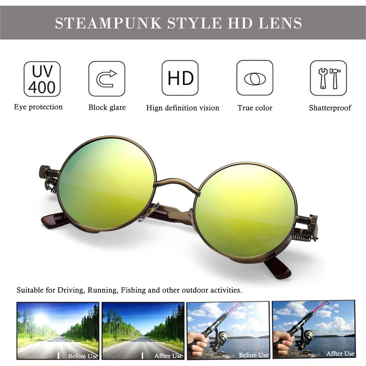 Gafas de sol redondas steampunk HJSUN10 doradas 46mm