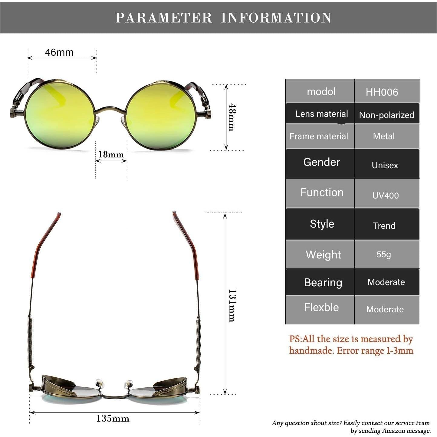 Gafas de sol redondas steampunk HJSUN10 doradas 46mm