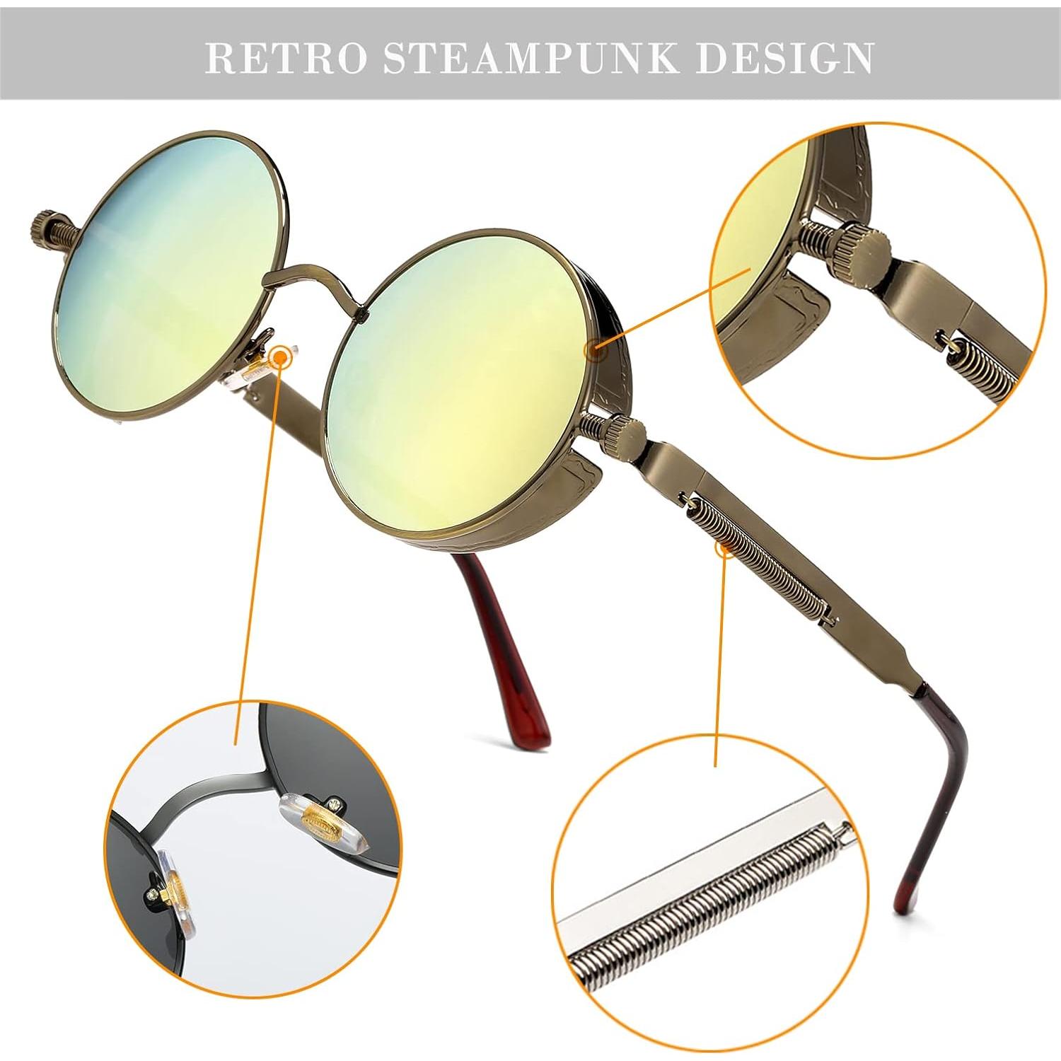 Gafas de sol redondas steampunk HJSUN10 doradas 46mm