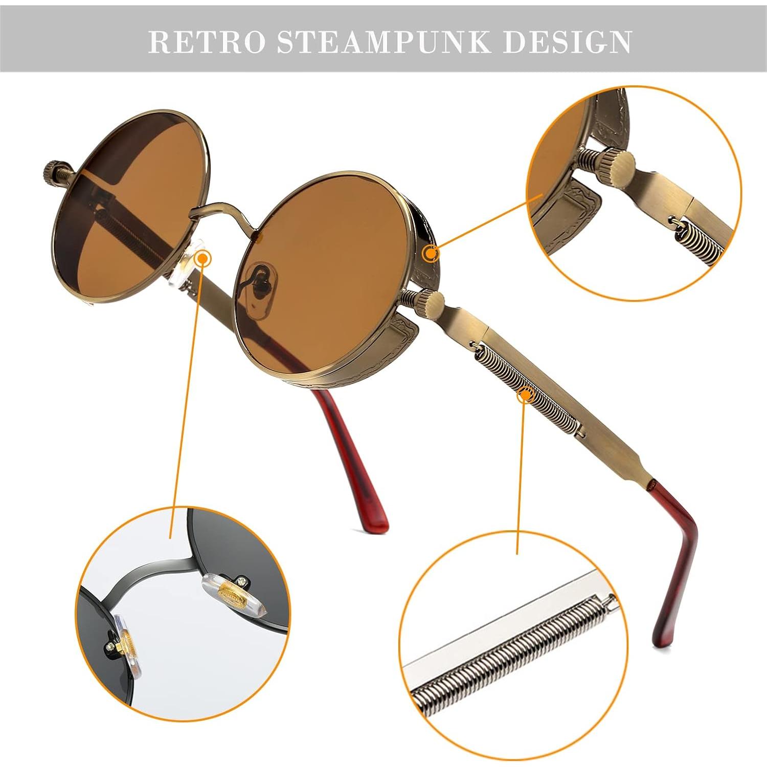 Gafas de sol redondas steampunk HJSUN10 con lentes HD