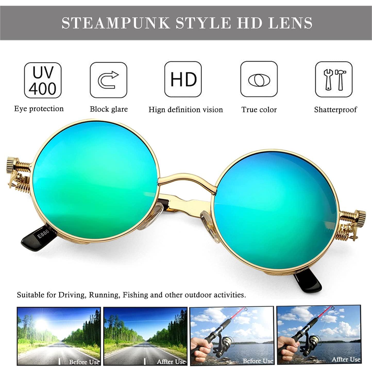 Gafas de sol redondas steampunk HJSUN10 con lentes HD