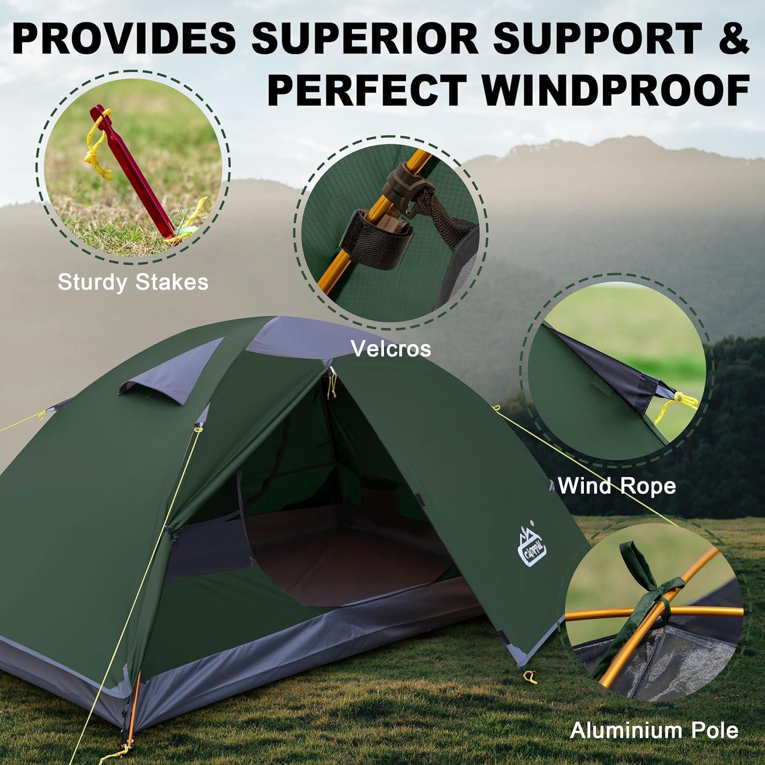 Tienda de Camping 2 Personas Camppal Impermeable Verde-Max