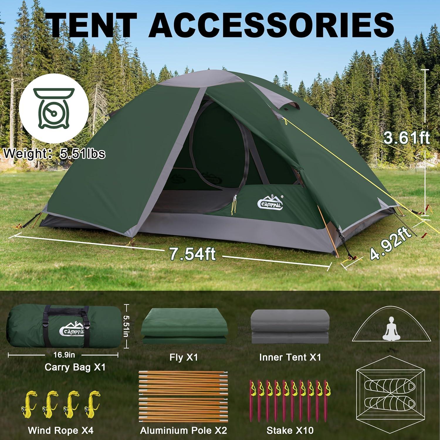 Tienda de Camping 2 Personas Camppal Impermeable Verde-Max