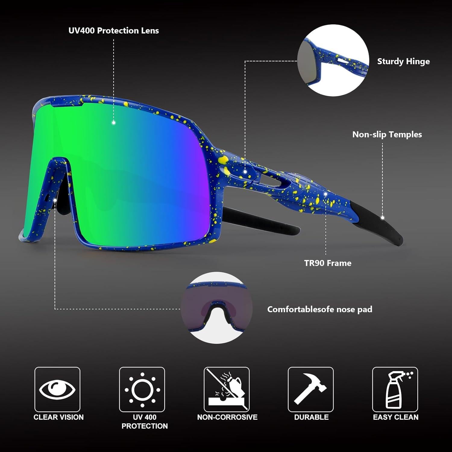 Gafas de Ciclismo BangLong UV400 Verde, Ligeras y Cómodas