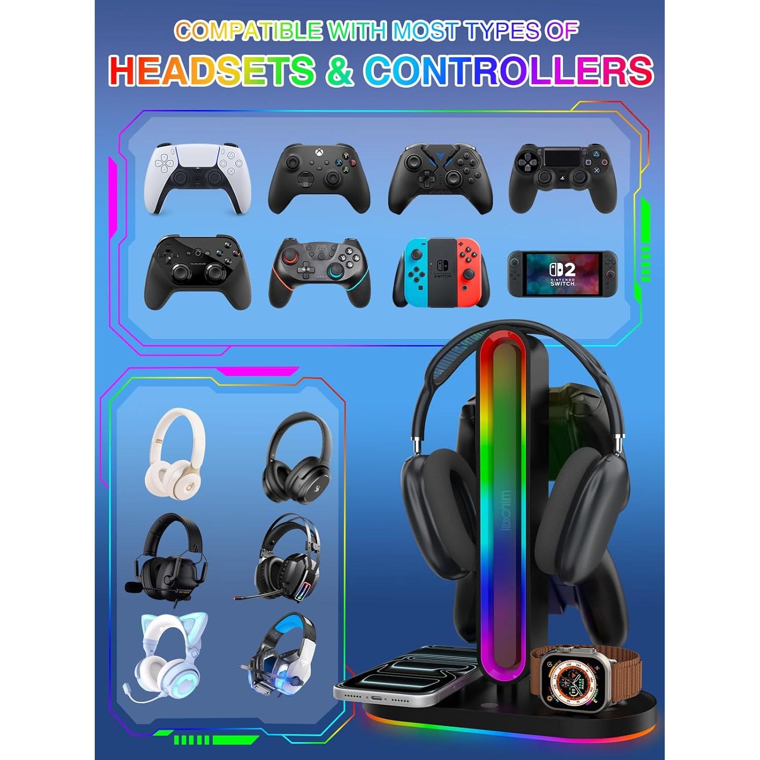 Soporte para Auriculares RGB Miroddi con Cargador Inalámbrico 8-en-1
