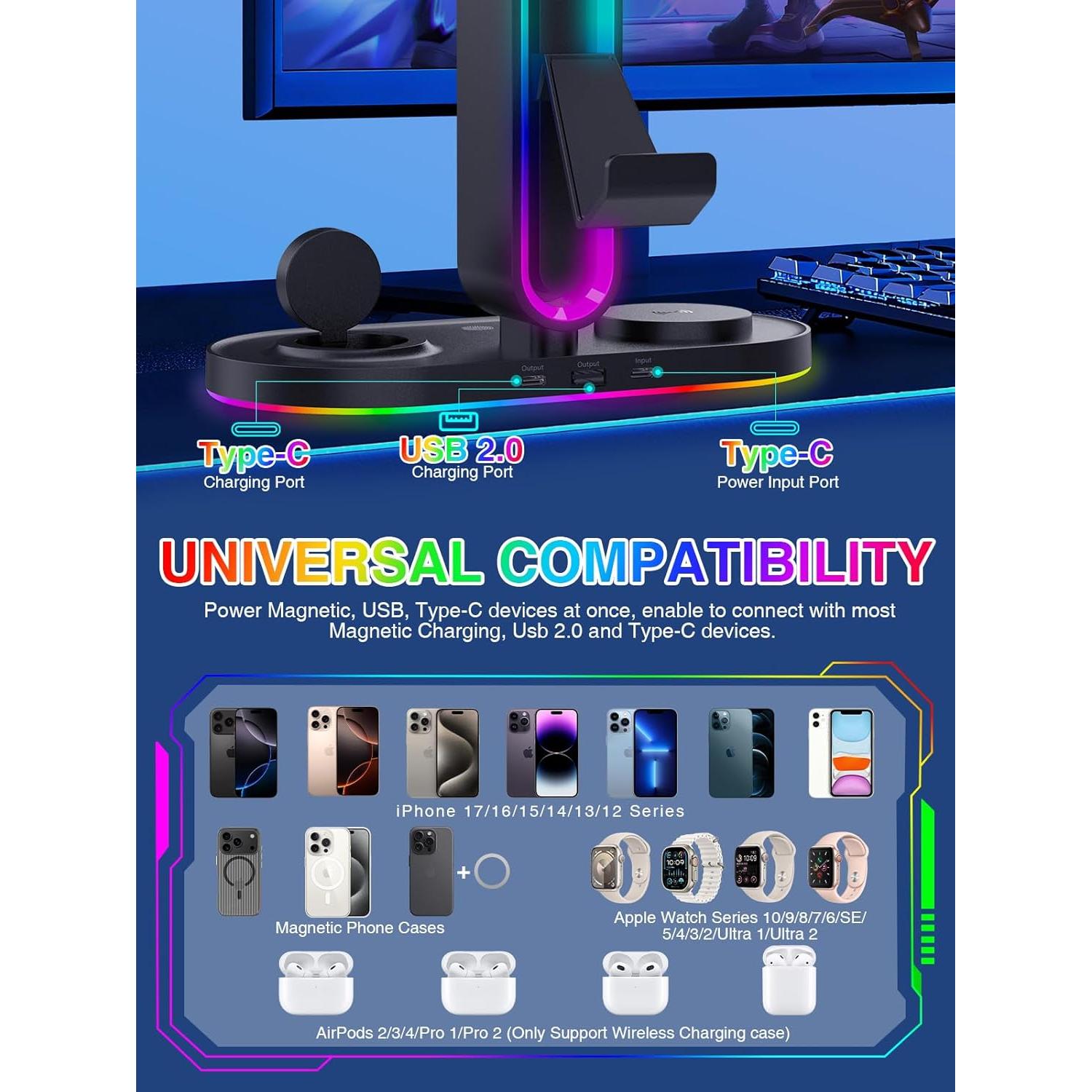 Soporte para Auriculares RGB Miroddi con Cargador Inalámbrico 8-en-1