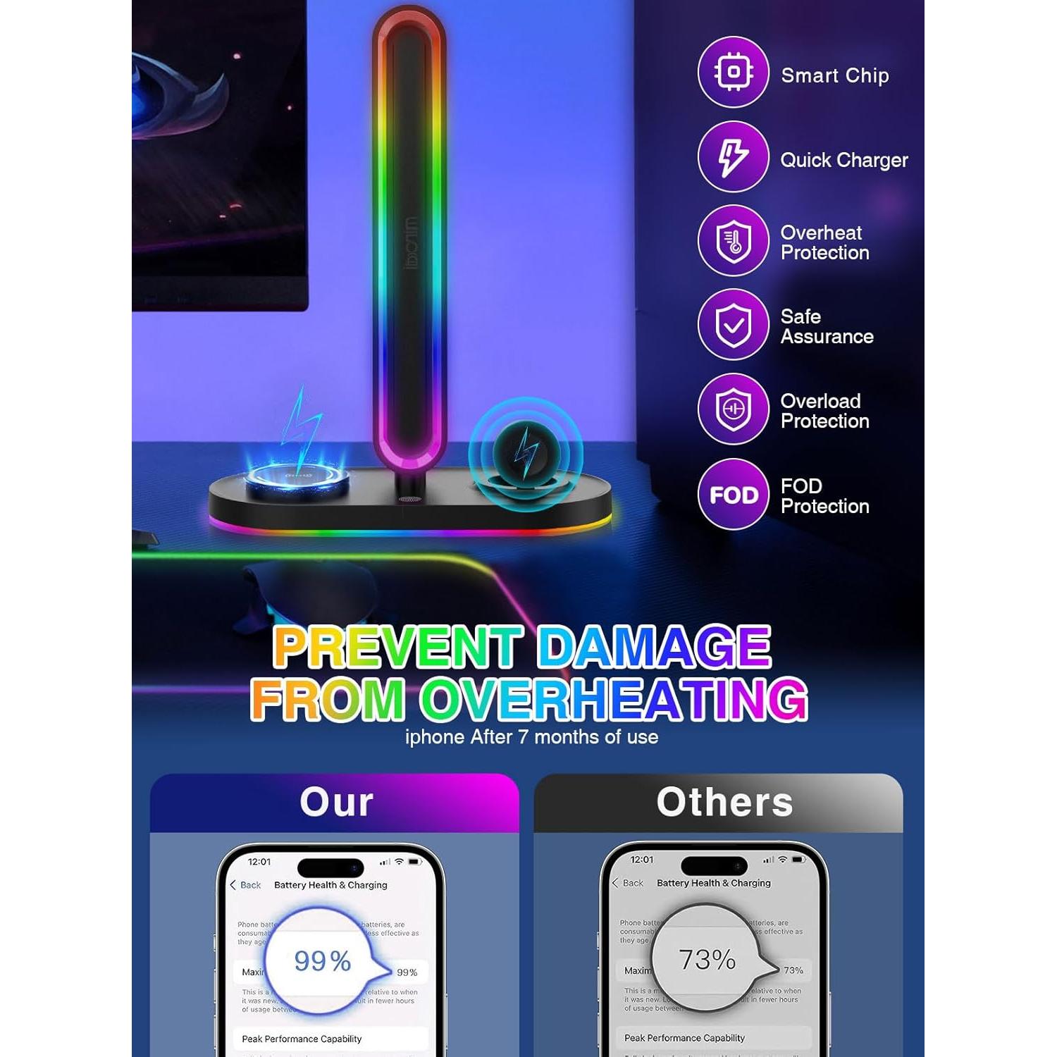 Soporte para Auriculares RGB Miroddi con Cargador Inalámbrico 8-en-1