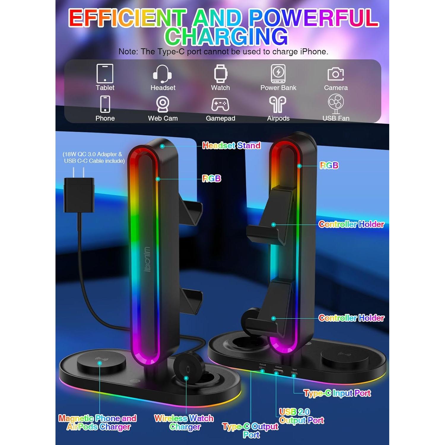 Soporte para Auriculares RGB Miroddi con Cargador Inalámbrico 8-en-1