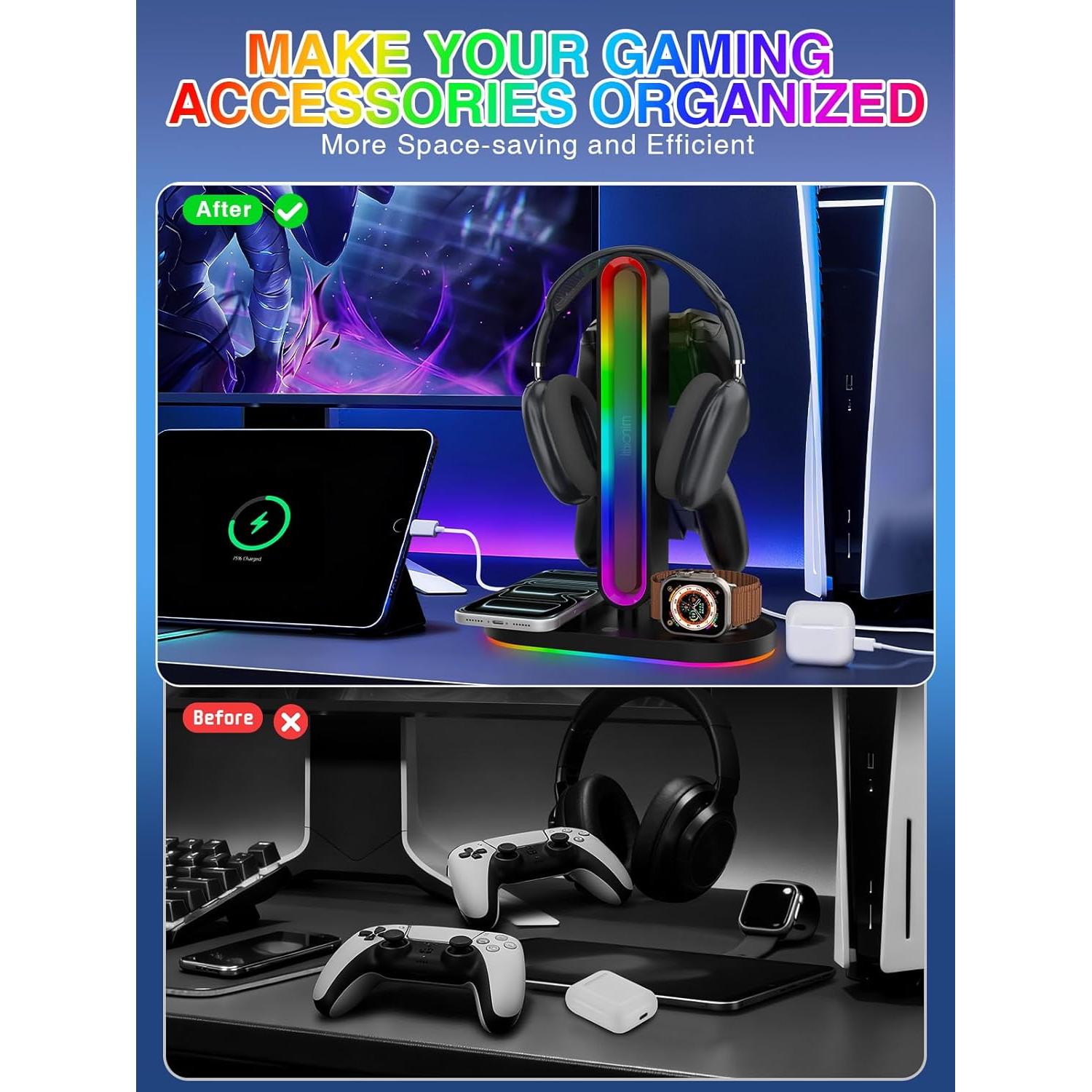 Soporte para Auriculares RGB Miroddi con Cargador Inalámbrico 8-en-1
