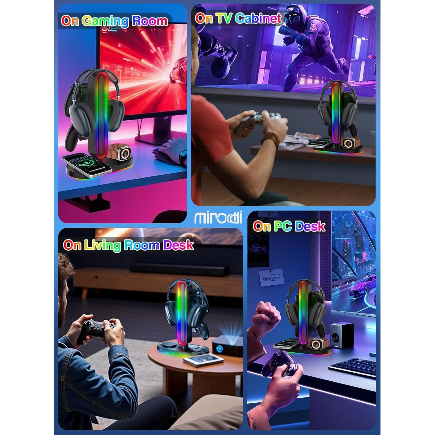 Soporte para Auriculares RGB Miroddi con Cargador Inalámbrico 8-en-1