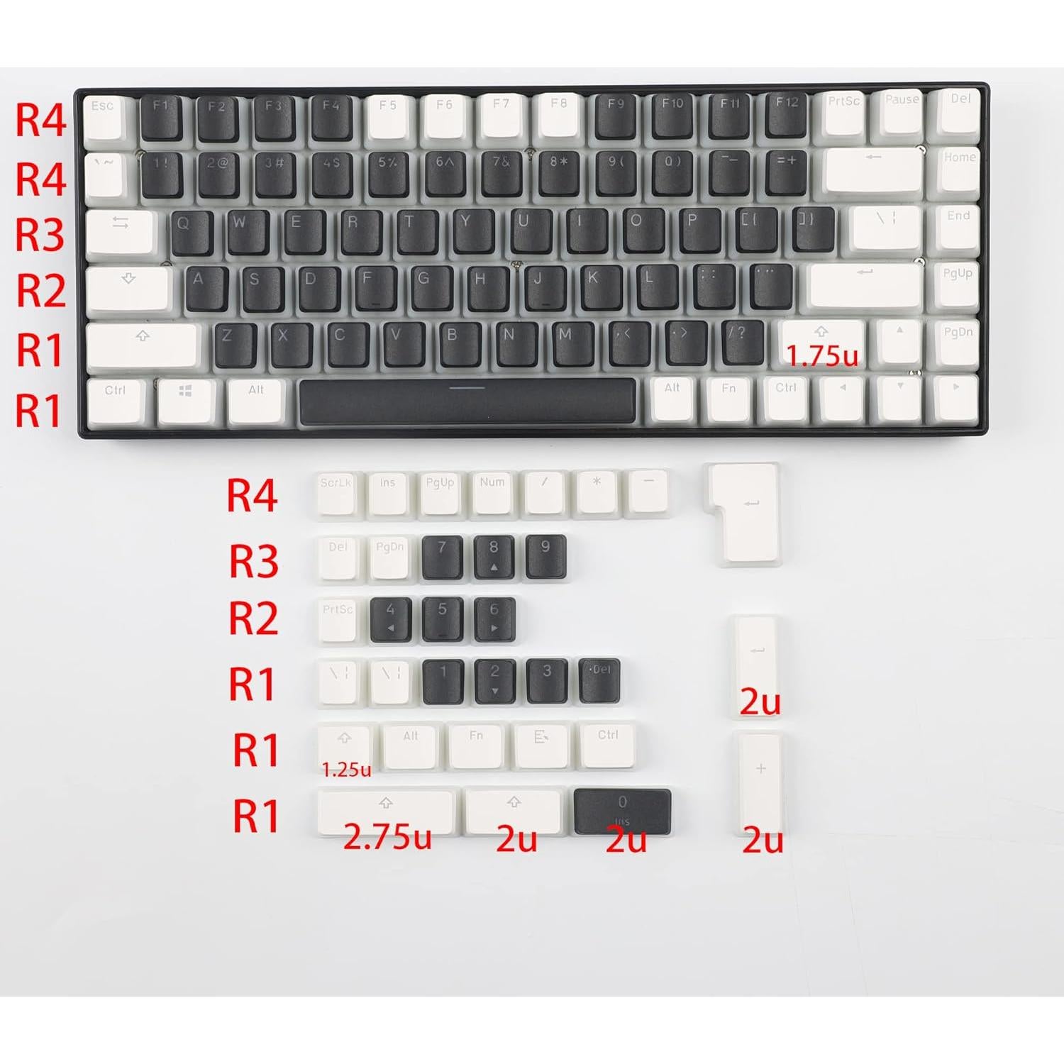 Conjunto de Teclas PBT Doble Tiro YMDK 117 Blanco Negro ANSI ISO