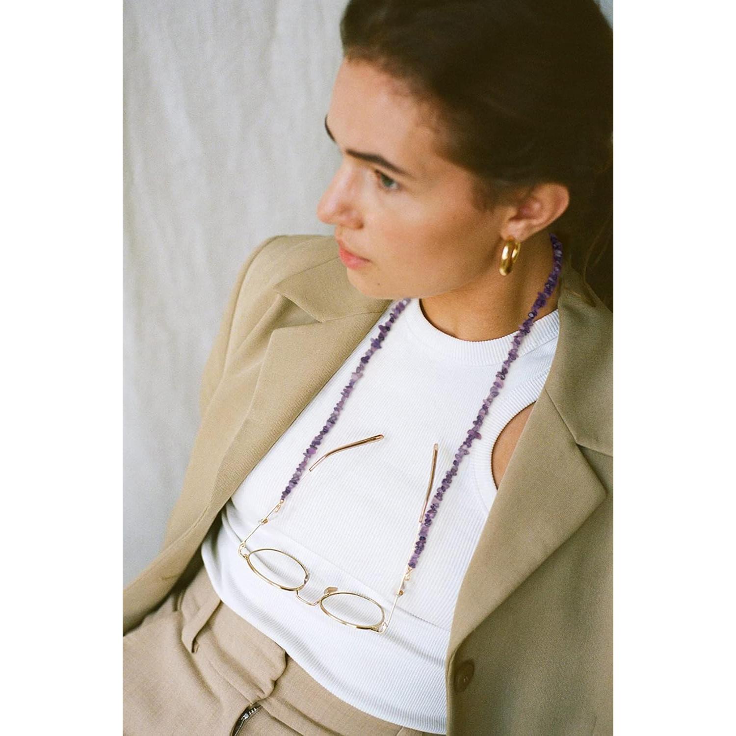 Cadena de Gafas PEARLADA de Oro 18K con Chips de Amatista