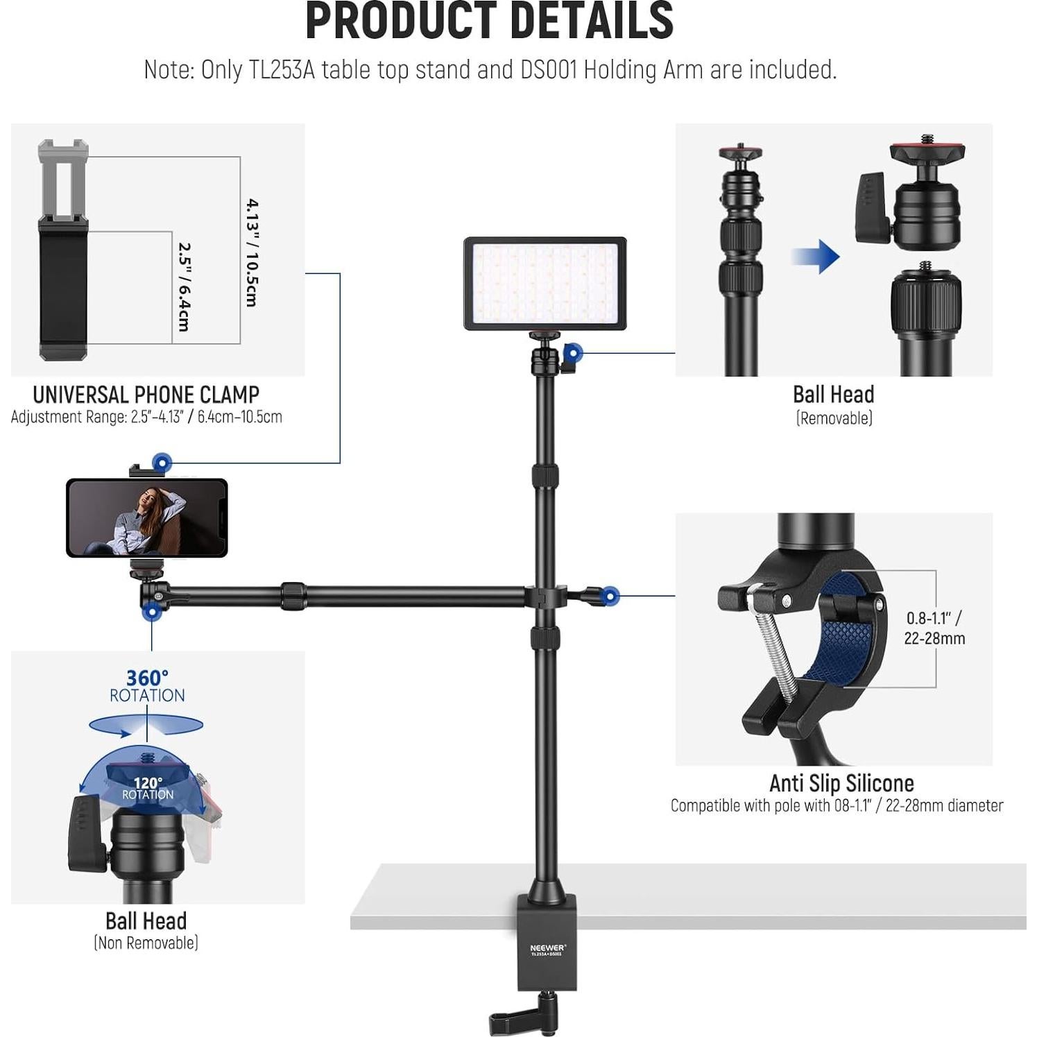 Trípode de Cámara Neewer TL253A con Soporte Teléfono PA001