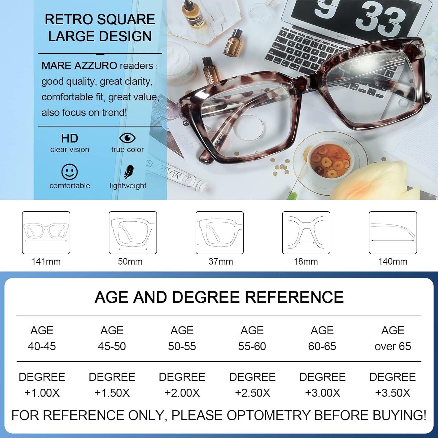 Gafas de Lectura Retro MARE AZZURO Tortuga 3.50x Grandes