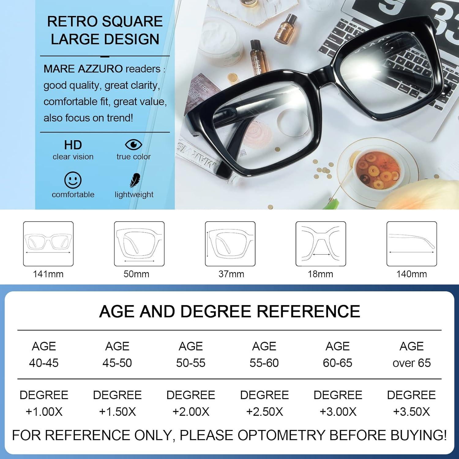 Gafas de Lectura Retro Cuadradas MARE AZZURO 1.25x Hombres