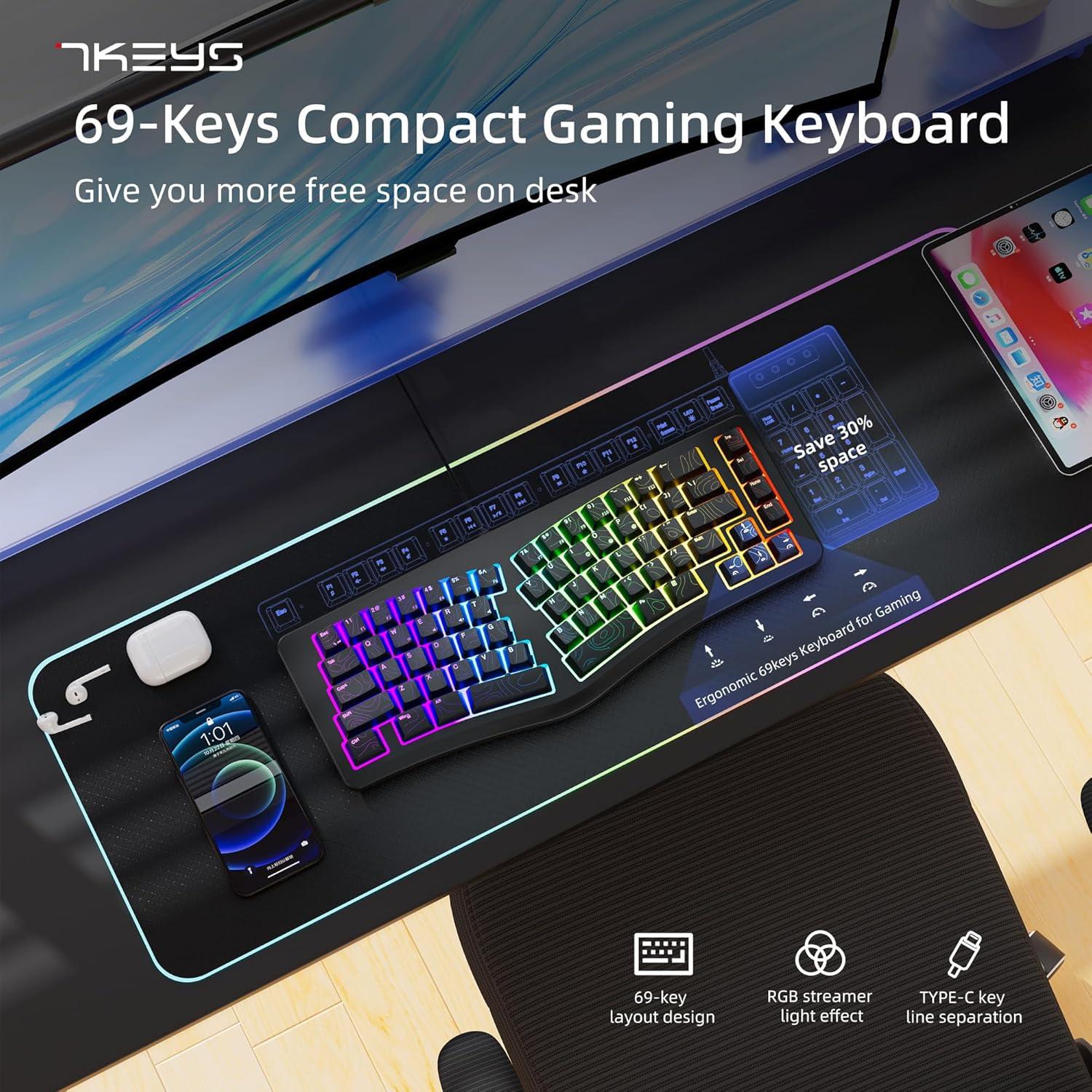 Teclado Ergonómico 7KEYS Compacto RGB USB Tipo-C Negro