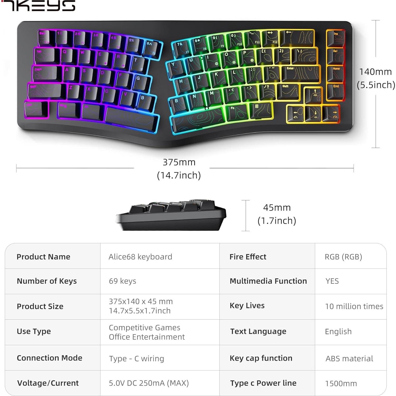 Teclado Ergonómico 7KEYS Compacto RGB USB Tipo-C Negro