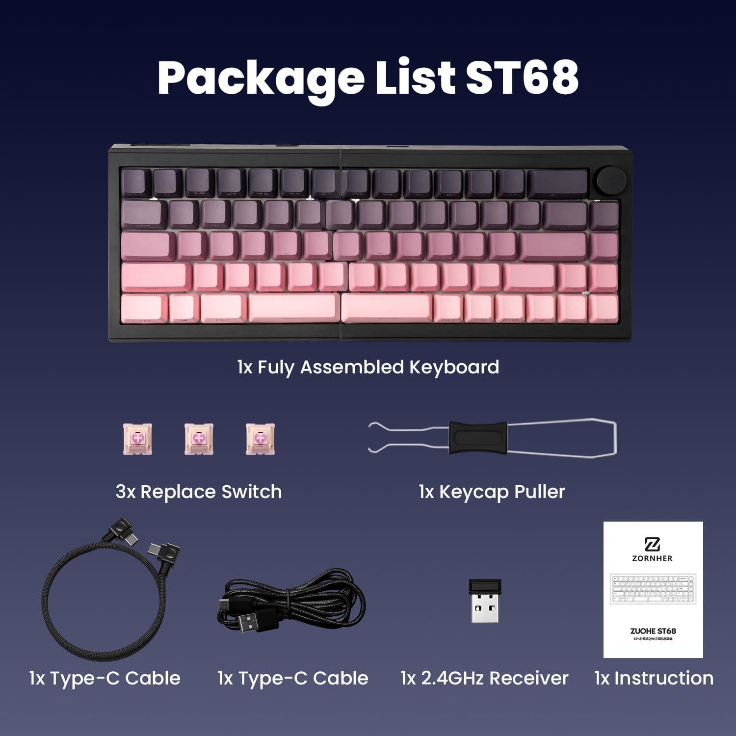 Teclado Mecánico Inalámbrico ZORNHER ST68 Rosa y Morado TKL